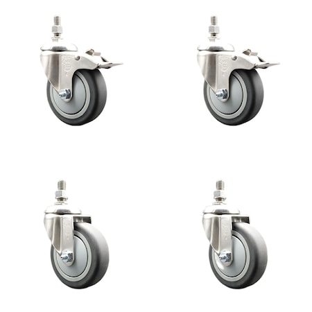 Service Caster 4 Inch 316SS Thermoplastic Rubber 1/2 Inch Threaded Stem Caster Lock Brake, 2PK SS316TSTTL20S414-TPRB-121315-2-S2